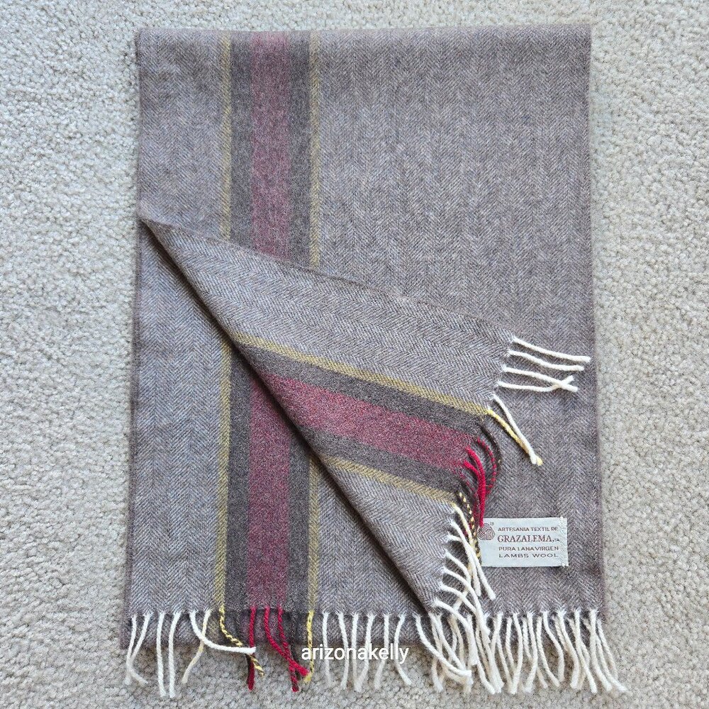 NWOT Wool Herringbone Scarf Brown with Burgundy & Yellow Stripe - Picture 2 of 11